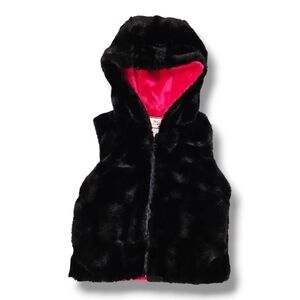 American Widgeon Hooded Full Zip Black Faux Fur Pink Lining Vest - Size 4T
